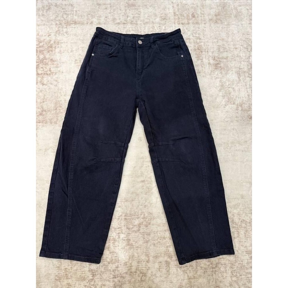 • Flamingals High Rise Barrel Jeans Black Wide Leg Horseshoe Crop Stretch Medium